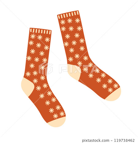 Red woolen socks. Christmas winter warm socks pair. Clothes for foot. Flat isolated vector illustration 119738462