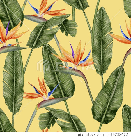 Tropical flowers strelitzia and leaves palm seamless pattern on yellow background. Watercolor illustration for textile, fabric, wallpaper, card, packaging, party. Tropical flowers strelitzia and leaves palm seamless pattern on yellow background. Watercolor illustration for textile, fabric, wallpaper, card, packaging, party. 119738472