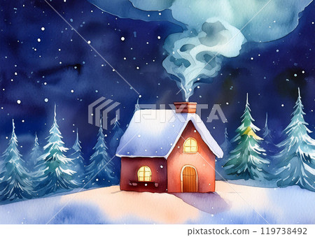 Cute cottage during the winter with swirling smoke coming out of the chimney; night landscape as watercolor painting 119738492