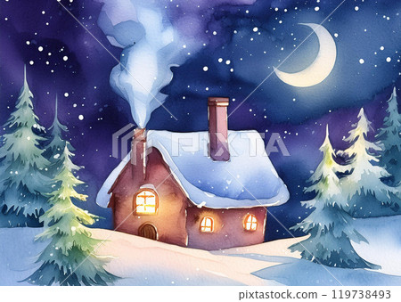 Cute cottage during the winter with swirling smoke coming out of the chimney; night landscape as watercolor painting 119738493