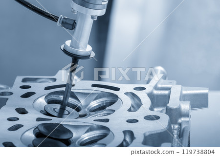 The intake and exhaust vale assembly process by robotic system in the light blue scene. 119738804