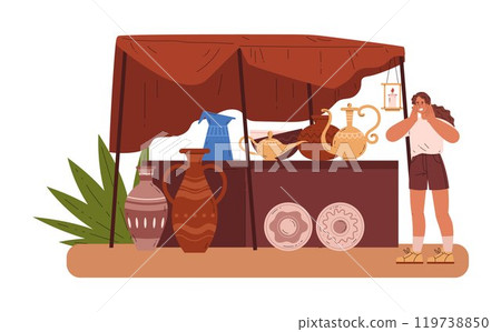 Oriental bazaar, souk trade tent with Eastern handmade pottery, vases, jugs, female tourist looking for seller vector 119738850
