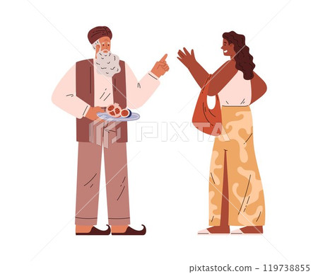 Cartoon Arab vendor bargaining with female tourist customer, Oriental bazaar and Eastern souk trade vector concept 119738855