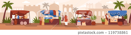 Oriental bazaar vector illustration, Eastern market trade tent with vendors, handmade carpets, jewelry, pottery spices Oriental bazaar vector illustration, Eastern market trade tent with vendors, handmade carpets, jewelry, pottery spices 119738861
