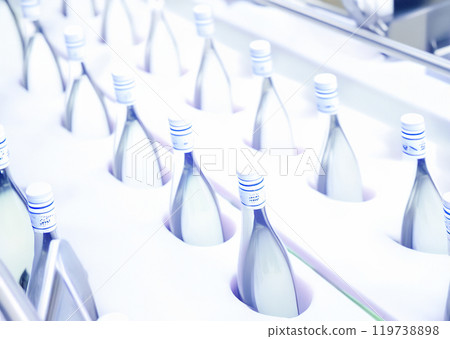 bottles of wine on a conveyor belt 119738898
