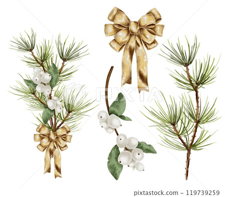 Christmas gold bow ribbon on pine and white berry branches Watercolor composition set on white. Hand drawn illustration for New Year and winter holidays designs in realistic style. Christmas gold bow ribbon on pine and white berry branches Watercolor composition set on white. Hand drawn illustration for New Year and winter holidays designs in realistic style. 119739259