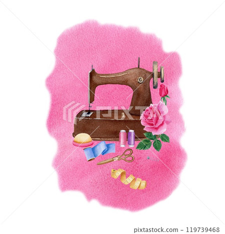 Brown vintage sewing machine with sewing equipment and rose, isolated watercolor painting on pink background. For logo, label, postcards, stickers Brown vintage sewing machine with sewing equipment and rose, isolated watercolor painting on pink background. For logo, label, postcards, stickers 119739468