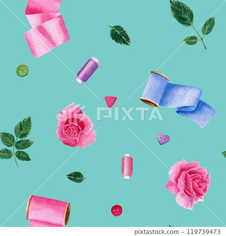 Seamless sewing pattern with ribbons, threads, roses and leaves. Watercolor illustration on turquoise background for textile, fabric, decoration Seamless sewing pattern with ribbons, threads, roses and leaves. Watercolor illustration on turquoise background for textile, fabric, decoration 119739473