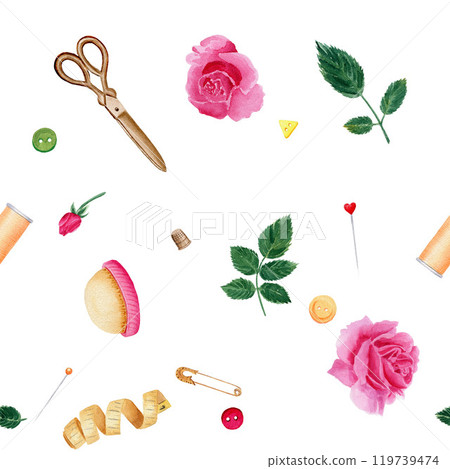 Seamless sewing pattern with scissors, needle bar, pins, measuring tape, roses and leaves. Watercolor illustration on white background for textile 119739474