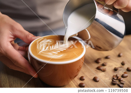 Barista makes coffee latte art in a cup of coffee. Generative AI 119739508