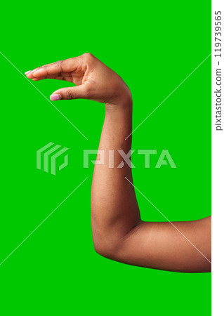 A hand making a gesture with a green background during daylight A hand making a gesture with a green background during daylight 119739565