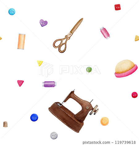 Seamless sewing pattern with scissors, needle bar, sewing machine, buttons, threads. Watercolor illustration on white background for textile, wrapping 119739618