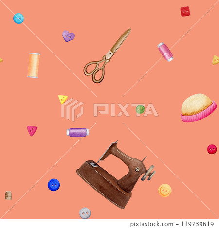 Seamless sewing pattern with scissors, needle bar, sewing machine, button, threads. Watercolor illustration on salmon background for textile, wrapping 119739619