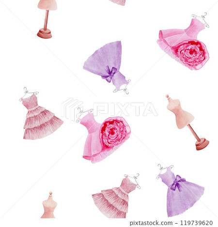 Seamless sewing pattern with dummies and vintage dresses. Bright watercolor hand drawn illustration on white background for fabric, wrapping paper Seamless sewing pattern with dummies and vintage dresses. Bright watercolor hand drawn illustration on white background for fabric, wrapping paper 119739620