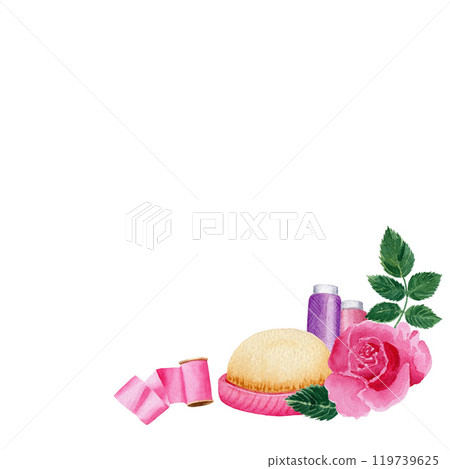 Watercolor sewing elements corner border frame clipart with rose, threads, ribbon, pincushion. Sewing kit, accessories and equipment for sewing 119739625