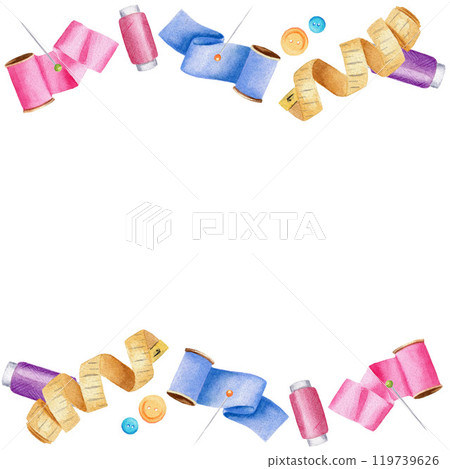 Seamless sewing border with ribbon, button, pin, measuring tape, threads. Watercolor illustration on white background for fabric, wrapping paper 119739626