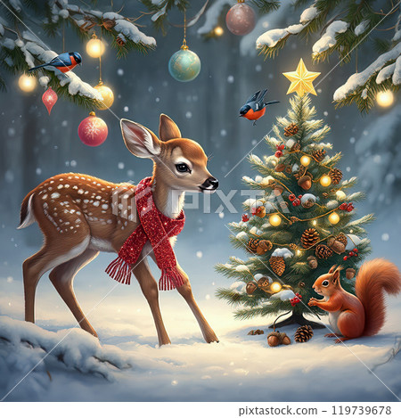 Young Deer in Red Scarf with Christmas Tree in Festive Snowy Forest 119739678