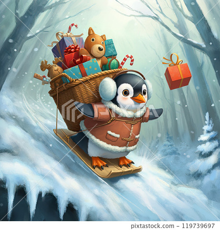 Penguin Sledding Down Hill with Basket of Holiday Gifts in Snowy Forest 119739697