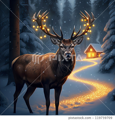 Deer with Glowing Antlers Standing on Snowy Forest Path to Cabin 119739709