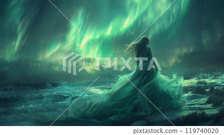 Winter season. A woman in a flowing ethereal gown aurora 119740020