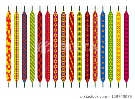 Colorful shoelaces. Decorative shoelace with ornament and decor. Lacing for boots sneakers shoes. Stylish footwear accessories neoteric vector set 119740076