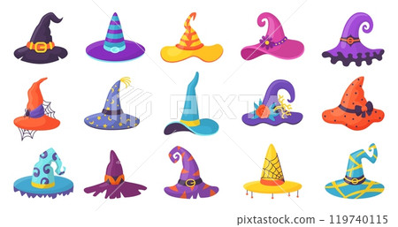 Cartoon halloween witch hats. Isolated magician hat, magic world head accessories with decor pumpkins and spiders. Autumn festival neoteric vector elements 119740115
