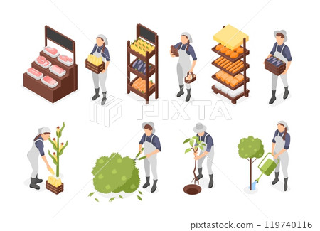 Isometric farm market. Fresh agriculture products on stalls, meat vegetables bakery. Farmers planting, watering and collect harvest, flawless vector set 119740116