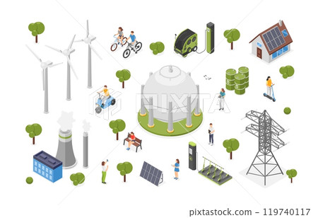Isometric alternative energy concept. People on clean transport, bicycles and scooter. Solar system panels, smart electricity station, flawless vector icons Isometric alternative energy concept. People on clean transport, bicycles and scooter. Solar system panels, smart electricity station, flawless vector icons 119740117