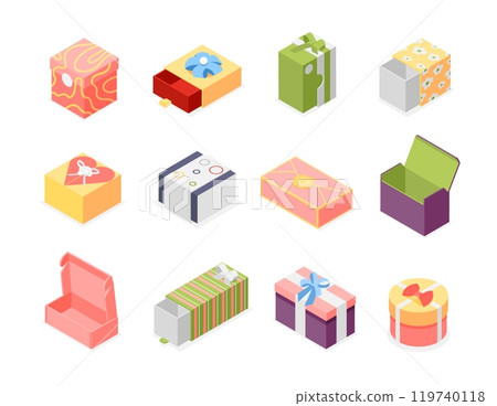 Isometric gift 3d boxes. Vibrant box for different presents. Isolated accessories packages for birthday christmas new year valentine day, flawless vector set 119740118