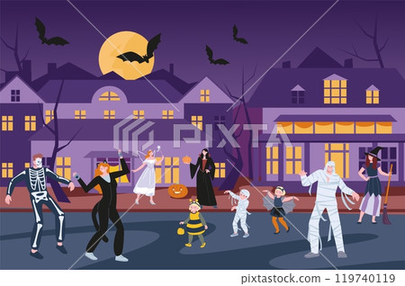 Halloween in city. Masquerade, adults and children in different scaring costumes walking outdoor. Festive evening in neighborhood, kicky vector scene Halloween in city. Masquerade, adults and children in different scaring costumes walking outdoor. Festive evening in neighborhood, kicky vector scene 119740119