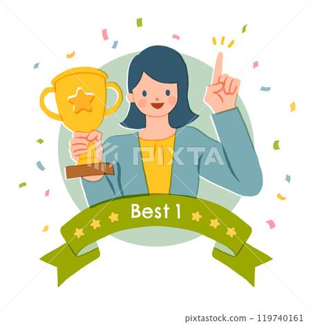 Illustration of a woman holding a winning trophy 119740161