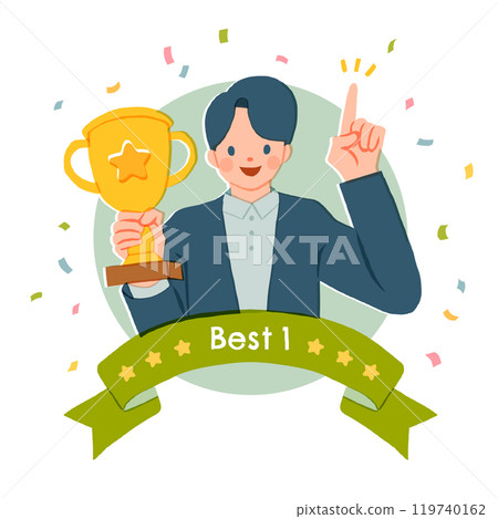 Illustration of a man holding a winning trophy 119740162