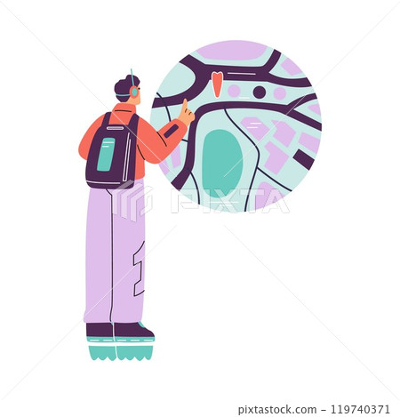 Vector man in hiking boots, with rocket engine looking at projection of a navigation map. 119740371