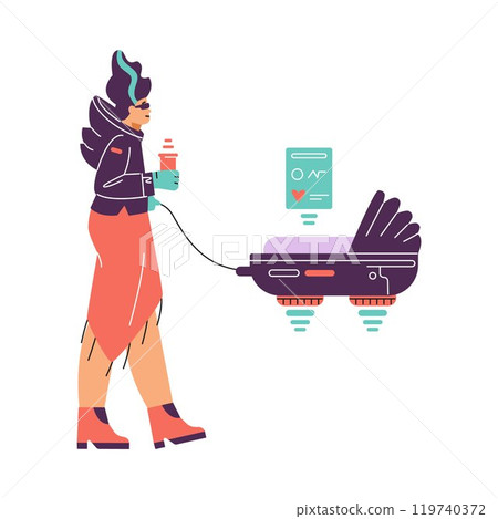 Futuristic woman walking with smart baby stroller, vector soaring pram with baby vital sensors, robotic care assistant 119740372