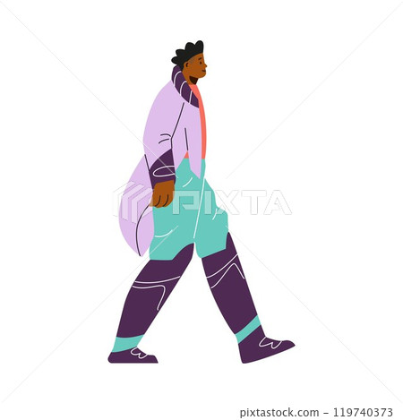 Futuristic young man in bright clothes walking, smiling cyberpunk African guy, vector character generation of the future 119740373