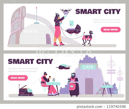 Vector home pages with robot assistants helping people: waiter, drone, flying pram, dog and cleaner Vector home pages with robot assistants helping people: waiter, drone, flying pram, dog and cleaner 119740396
