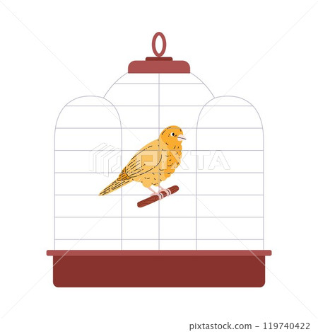 Vector image of a cute little yellow canary in a cage on a white background 119740422
