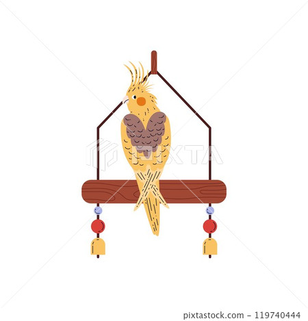 Corella bird sits on hanging swing with colorful balls, vector exotic crested parrot with red cheeks and yellow plumage 119740444
