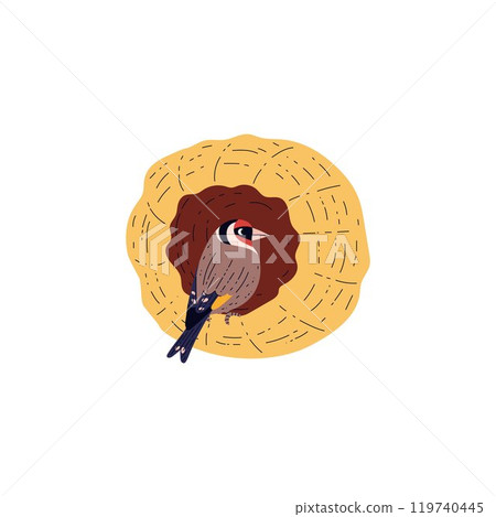 Cartoon Goldfinch bird sits in the nest cocoon, vector decorative Gouldian Finch with colorful plumage parrot exotic pet 119740445