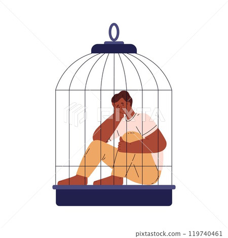 Vector illustration with man is sitting in a cage, expressing feelings of sadness and despair. Vector illustration with man is sitting in a cage, expressing feelings of sadness and despair. 119740461
