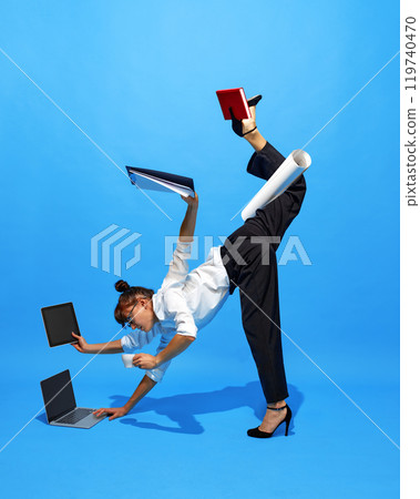 Creative collage. Businesswoman in balancing on one leg, while interacting documents, gadgets, and cup of coffee. Flexibility in modern workflow 119740470