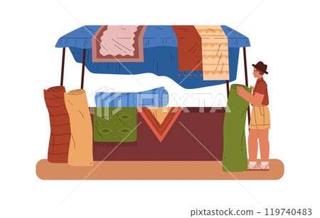Vector illustration of an oriental market with carpets and a young male seller 119740483