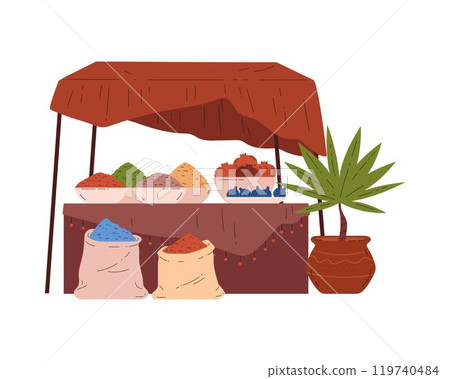 Vector illustration of an oriental market with figs, pomegranates and spices on a white background. Vector illustration of an oriental market with figs, pomegranates and spices on a white background. 119740484