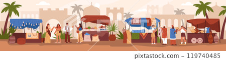 Oriental bazaar, Eastern market trade souk tent with handmade carpets, jewelry, pottery and spices vector illustration Oriental bazaar, Eastern market trade souk tent with handmade carpets, jewelry, pottery and spices vector illustration 119740485