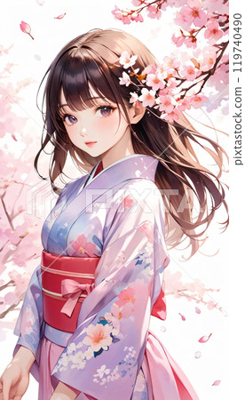 Young Japanese woman in kimono with cherry blossoms Young Japanese woman in kimono with cherry blossoms 119740490