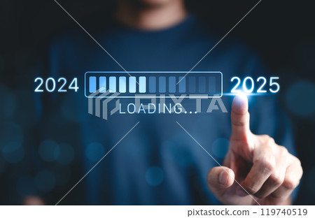 Progress and transition from 2024 to 2025 concept. A person pointing to loading bar transitioning from 2024 to 2025, progress, future planning, and new year goals. annual planning and business growth. 119740519