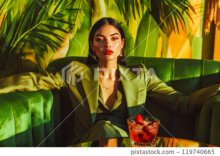 Beautiful cheeky self-confident independent brunette young woman in green business suit sitting at table in modern bar, restaurant. Alcoholic cocktail This is AI-generated item 119740665