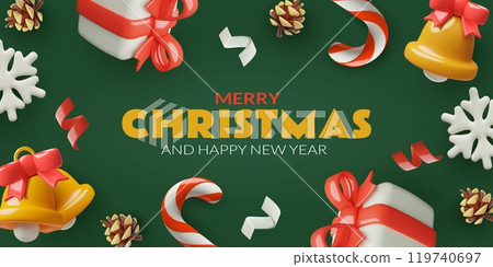 Christmas banner with 3d gift boxes holiday bells pine cones and ribbons on green background Christmas banner with 3d gift boxes holiday bells pine cones and ribbons on green background 119740697