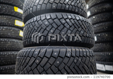 New car studded tires in the store.  119740700