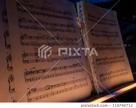 Music sheets. Melodies written with different musical symbols as background, closeup Music sheets. Melodies written with different musical symbols as background, closeup 119740712